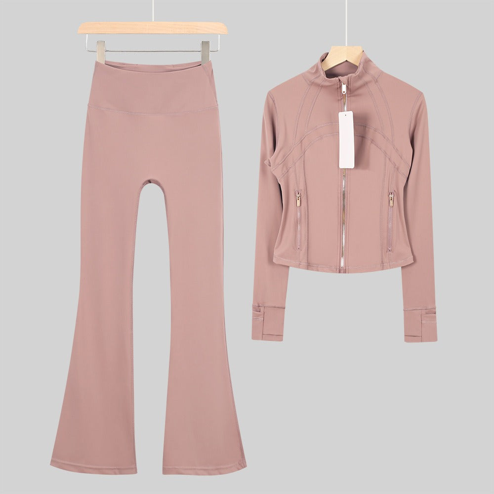 Women's Flared Cropped Stand Collar Yoga Tracksuit | Long Sleeve Zip-Up Jacket & Flare Leg Pants Set for Workout & Lounge