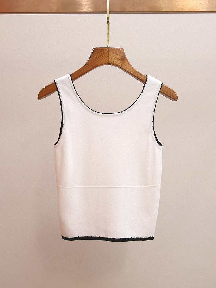Camellia Embellished Knit Two-Piece Set | French Style Contrast Stitch Tank & Cardigan