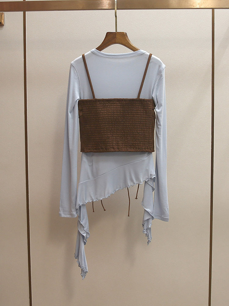 Women's Boho Asymmetrical T-Shirt & Lace-Up Camisole Two-Piece Set for Spring & Summer
