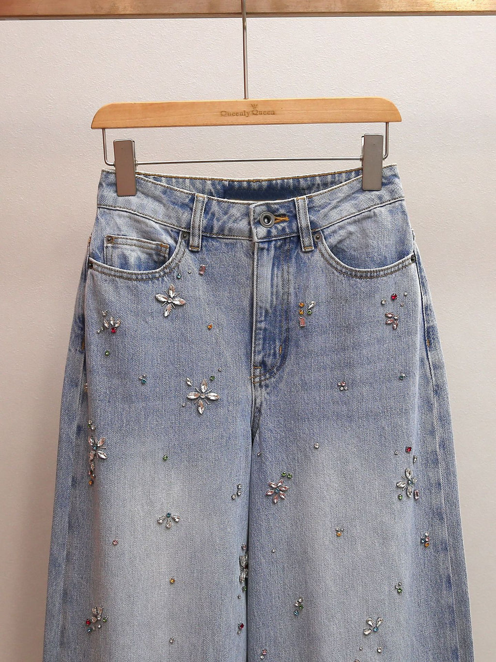 Rhinestone High Waist Wide Leg Jeans, Washed A-Line Commuter Denim Pants for Women