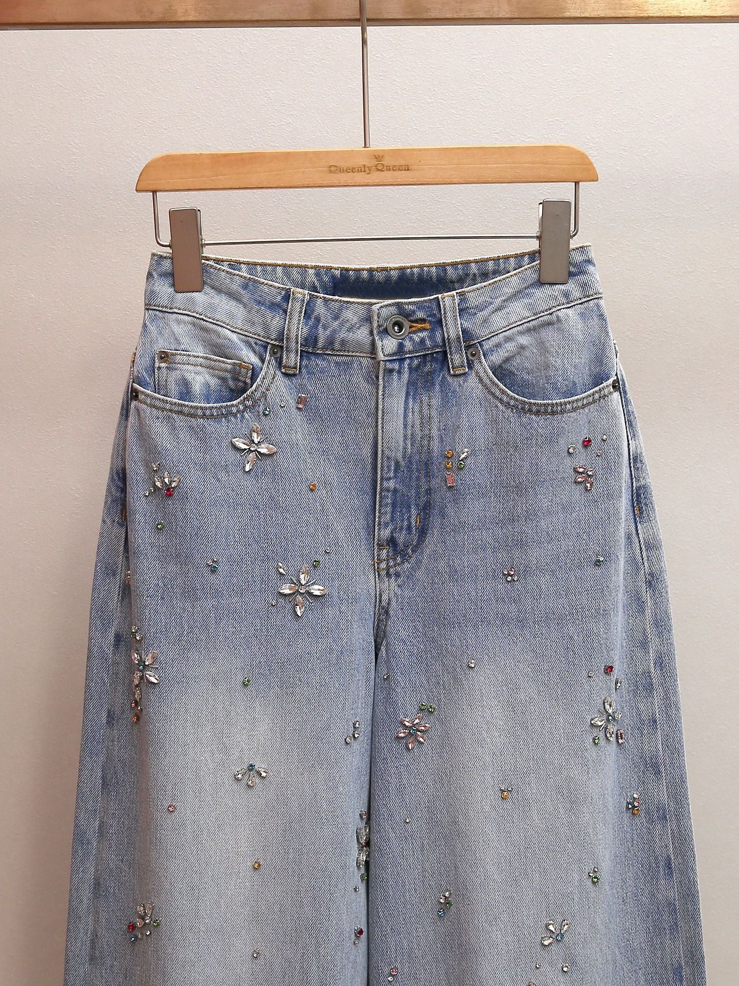 Rhinestone High Waist Wide Leg Jeans, Washed A-Line Commuter Denim Pants for Women