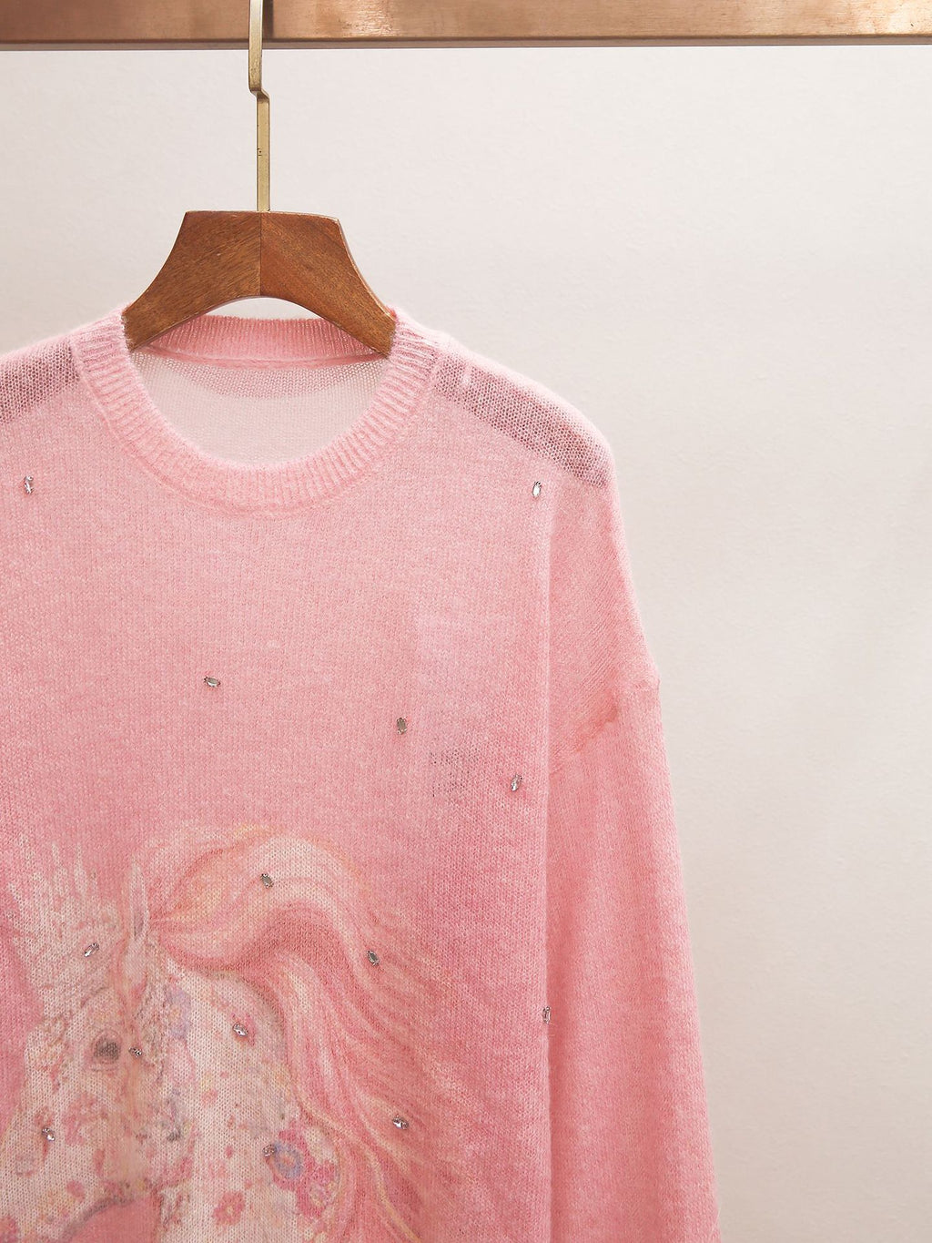 Pink Unicorn Print Rhinestone Sweater | Spring Lazy Style Sheer Knit Top