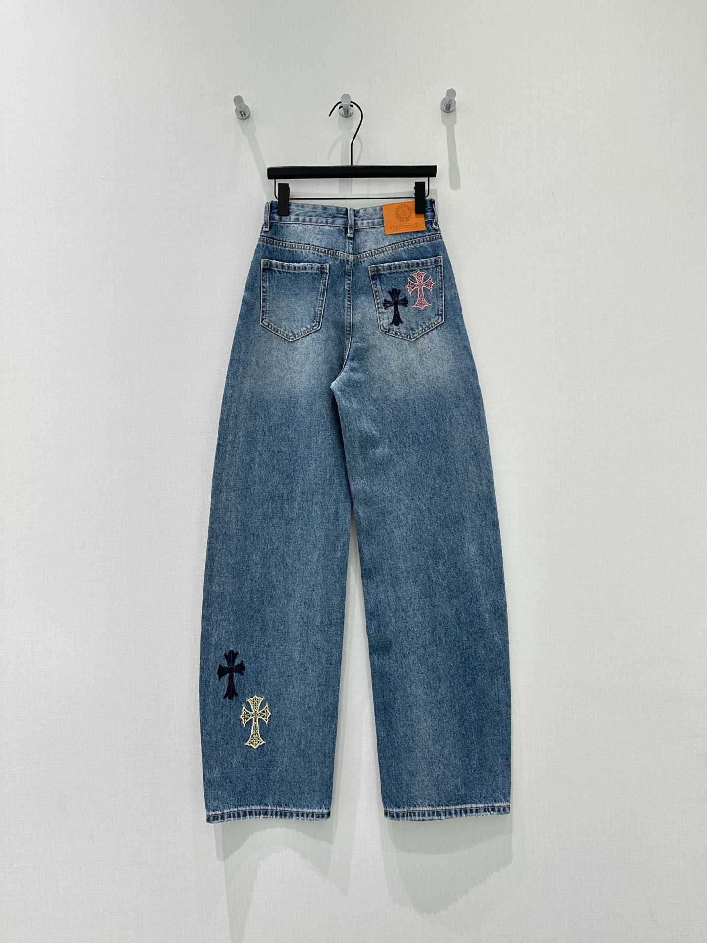 Vintage Cross Embroidery Wide Leg Jeans for Women | High Waist Loose Straight Pants