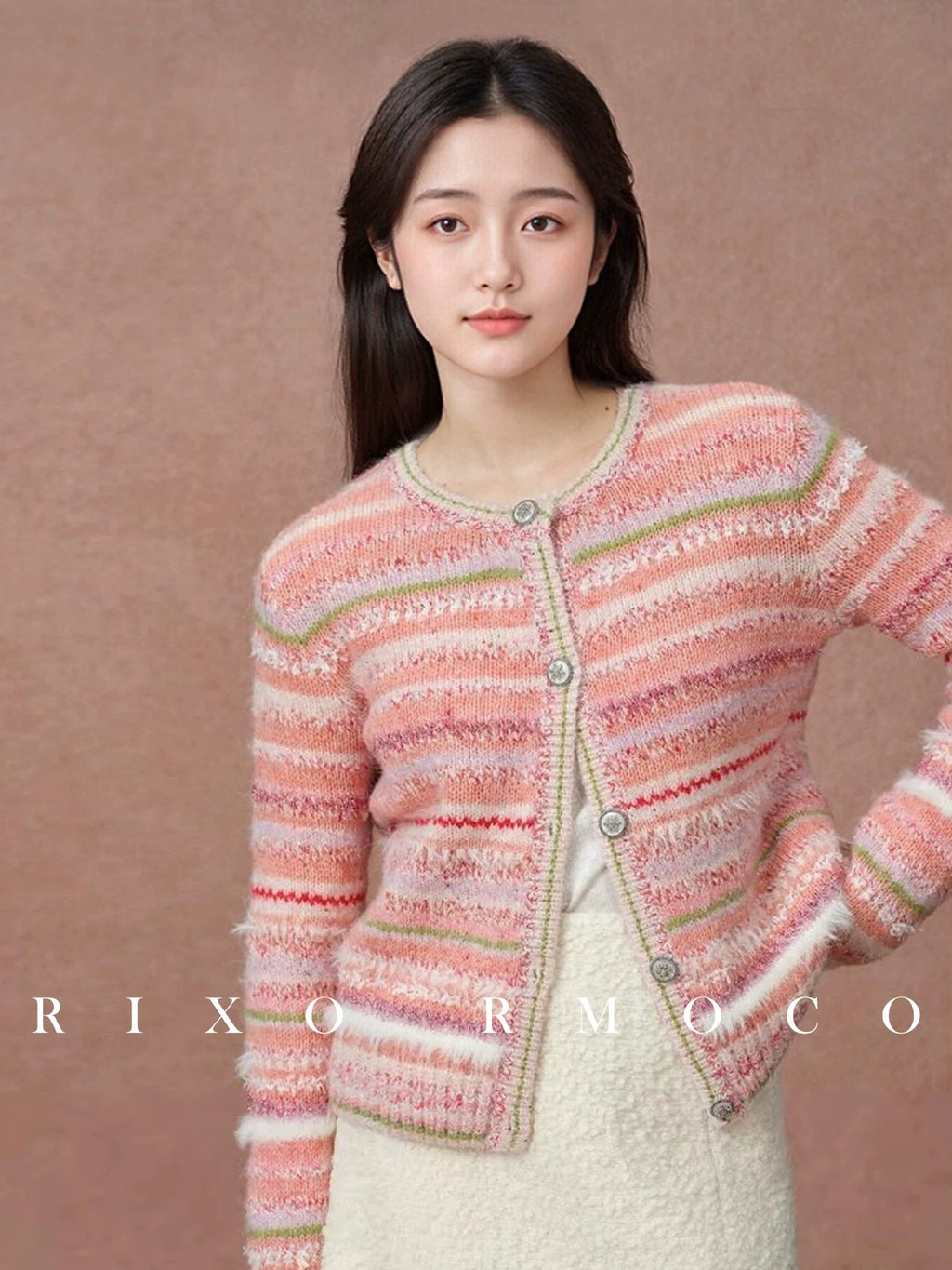 Women's Pastel Striped Knit Cardigan | Fluffy Fur Trim Cropped Knit Sweaters