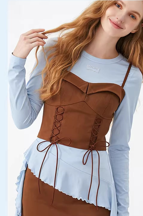 Women's Boho Asymmetrical T-Shirt & Lace-Up Camisole Two-Piece Set for Spring & Summer