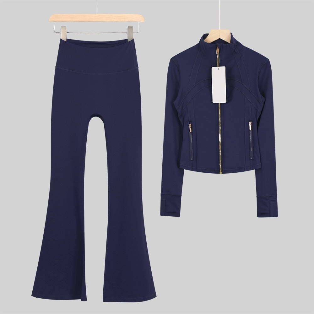 Women's Flared Cropped Stand Collar Yoga Tracksuit | Long Sleeve Zip-Up Jacket & Flare Leg Pants Set for Workout & Lounge