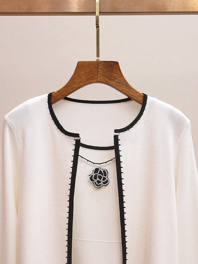 Camellia Embellished Knit Two-Piece Set | French Style Contrast Stitch Tank & Cardigan