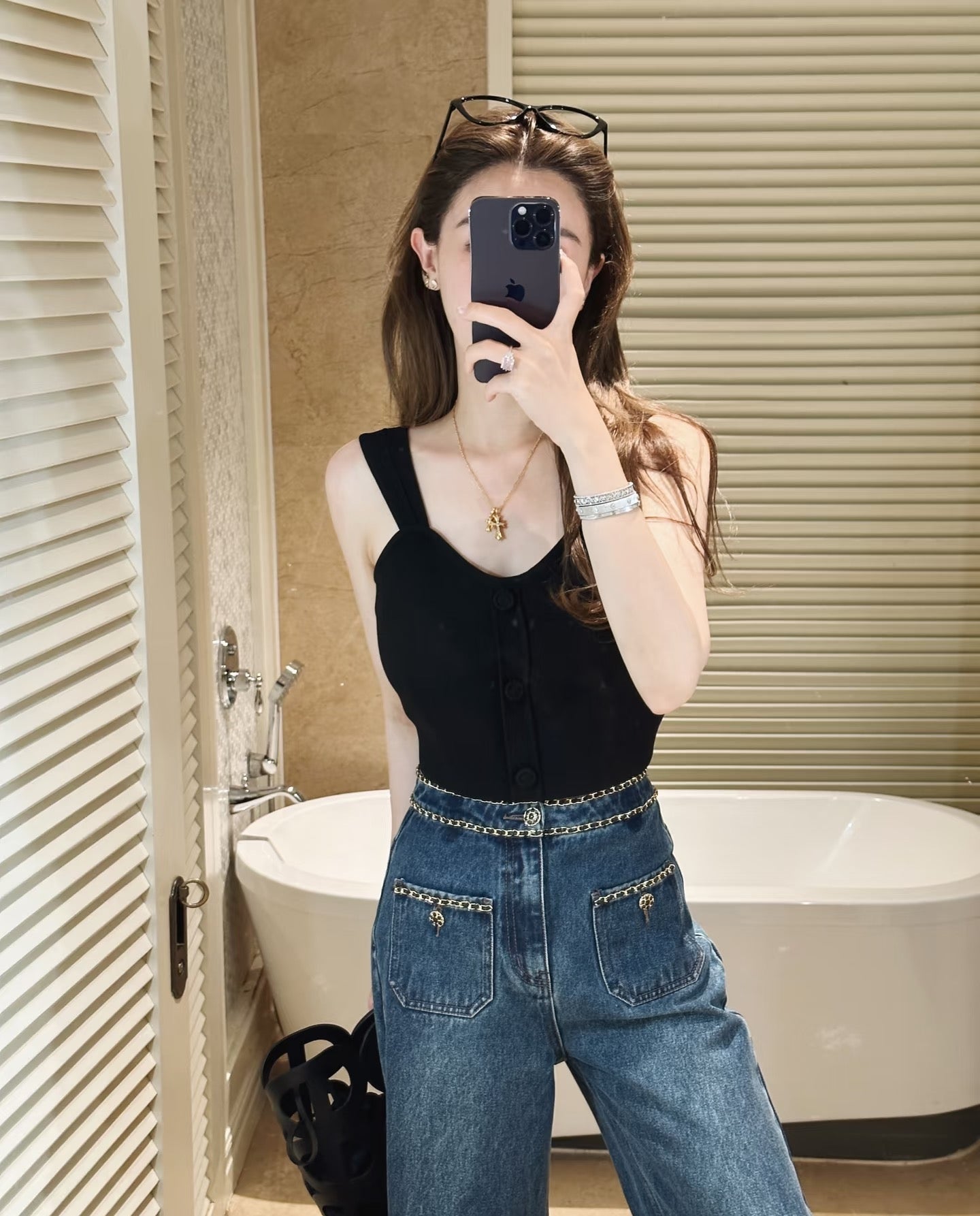 Women's Retro American Style Chain-Trim High-Waist Slimming Straight Wide-Leg Jeans