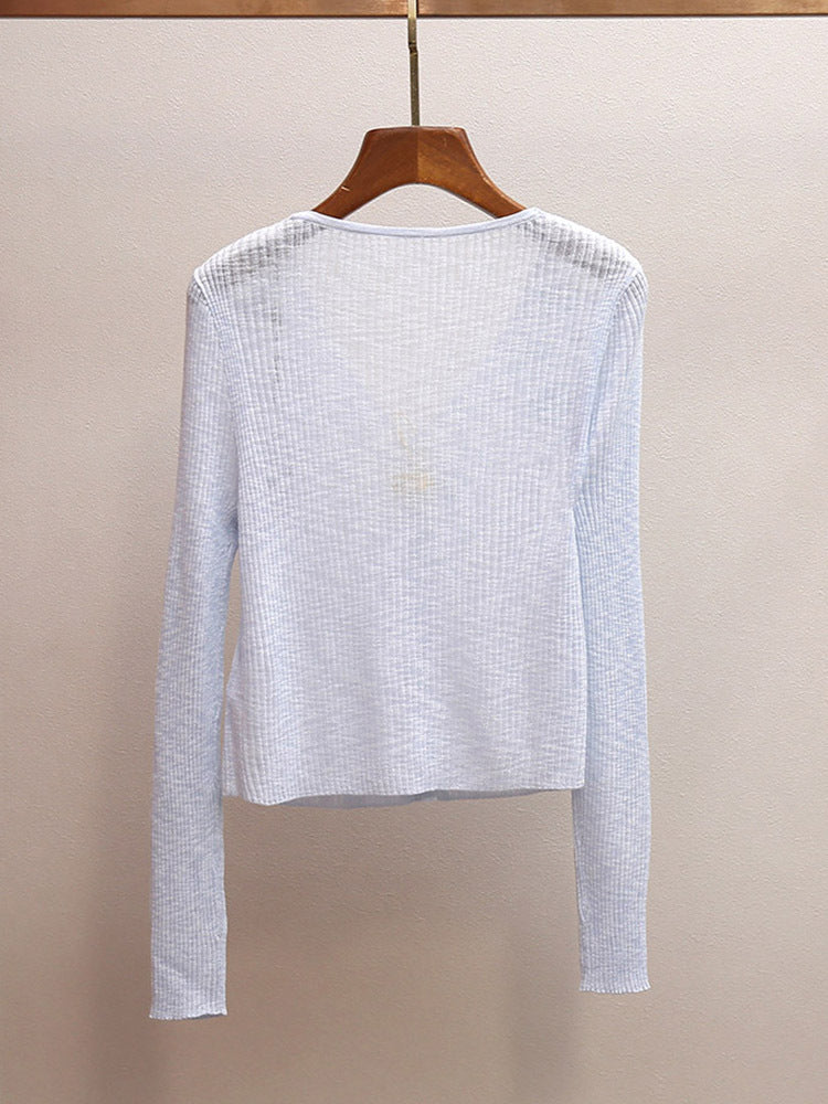 3D Floral Appliqué V-Neck Knit Cardigan | French Sweet Sheer Ribbed Top