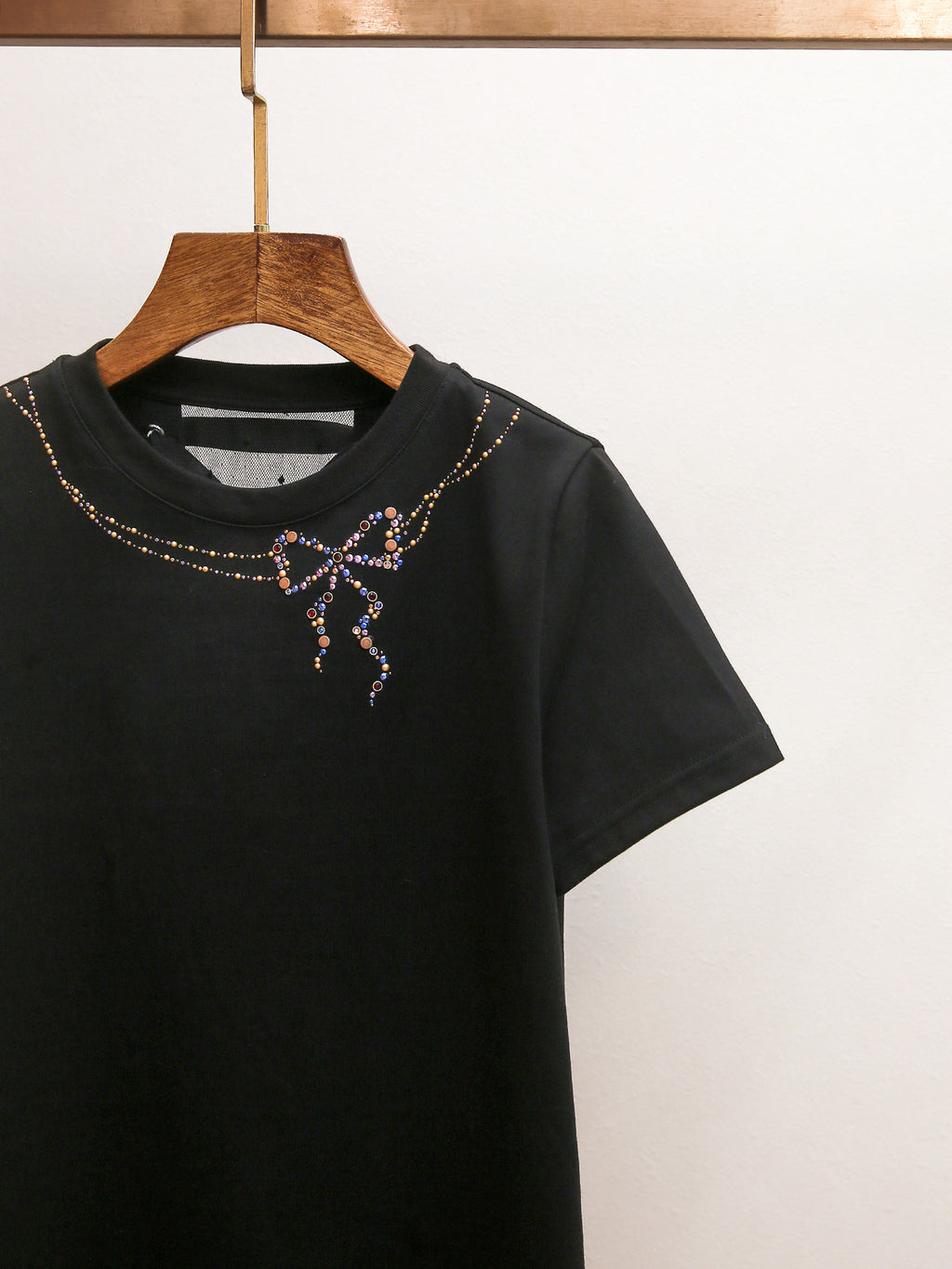 Back Lace-Up Rhinestone Bow T-Shirt | French Style Crew Neck Short Sleeve Top