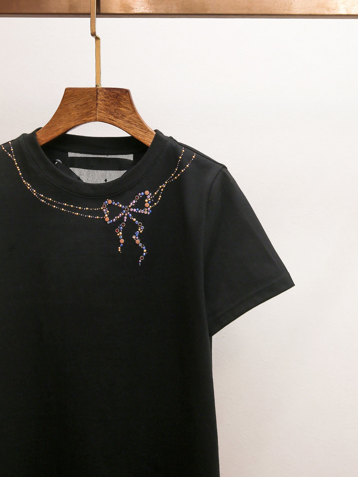 Back Lace-Up Rhinestone Bow T-Shirt | French Style Crew Neck Short Sleeve Top