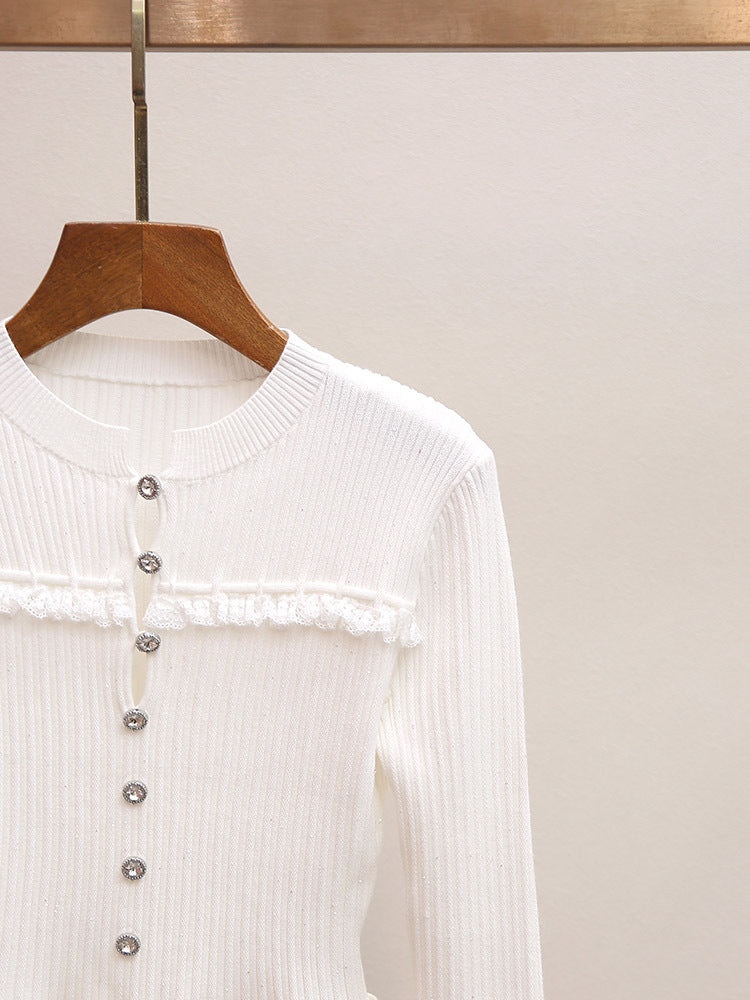 White Lace Trim Ribbed Knit Top | Flare Sleeve Tie Waist Sweater