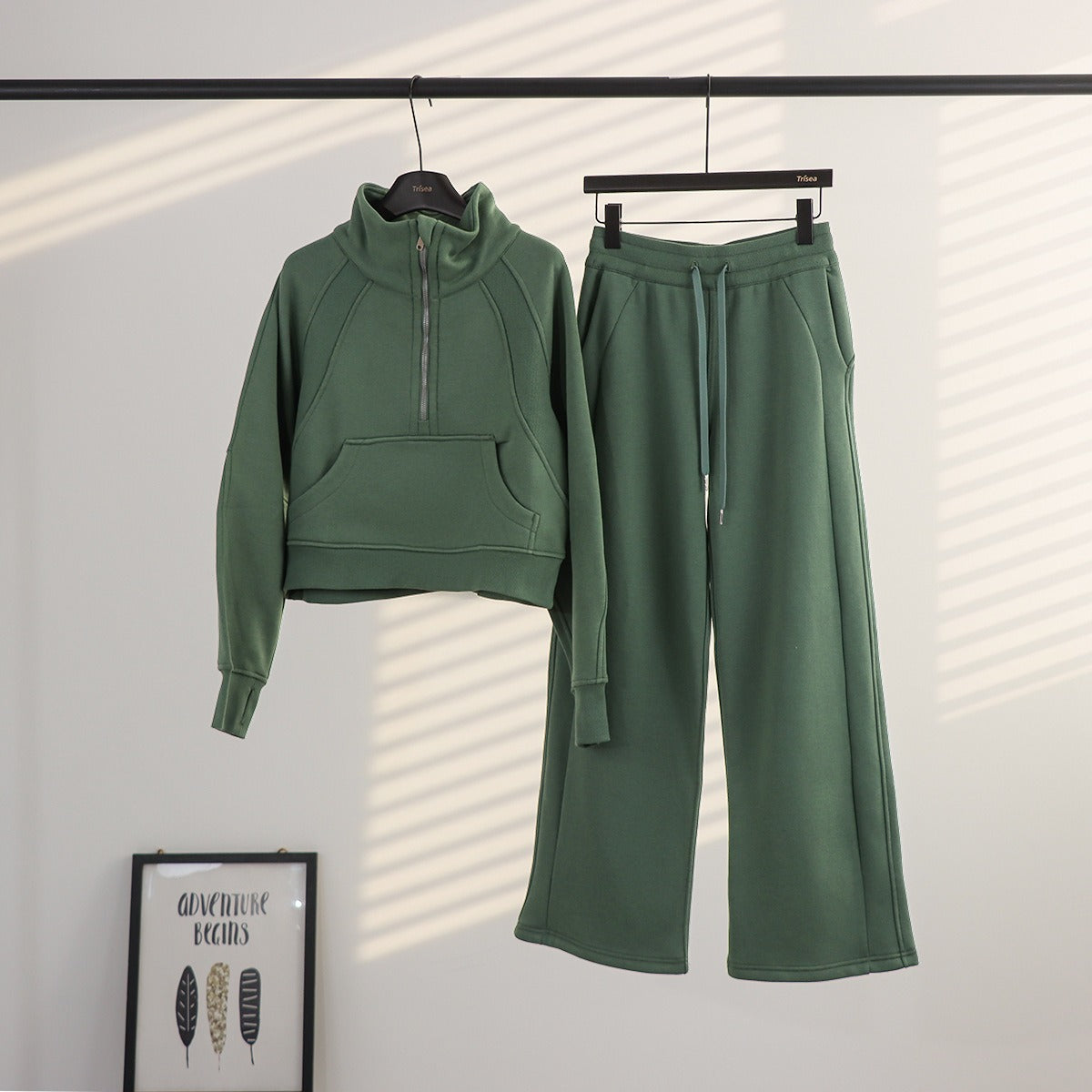 Women's Half-Zip Stand Collar Fleece Tracksuit Set – Oversized Scuba Hoodie & Wide Leg Yoga Pants for Workout & Lounge