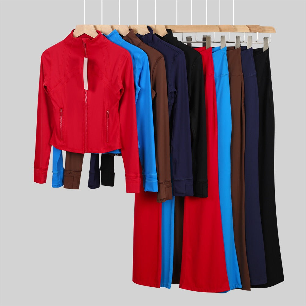 Women's Flared Cropped Stand Collar Yoga Tracksuit | Long Sleeve Zip-Up Jacket & Flare Leg Pants Set for Workout & Lounge