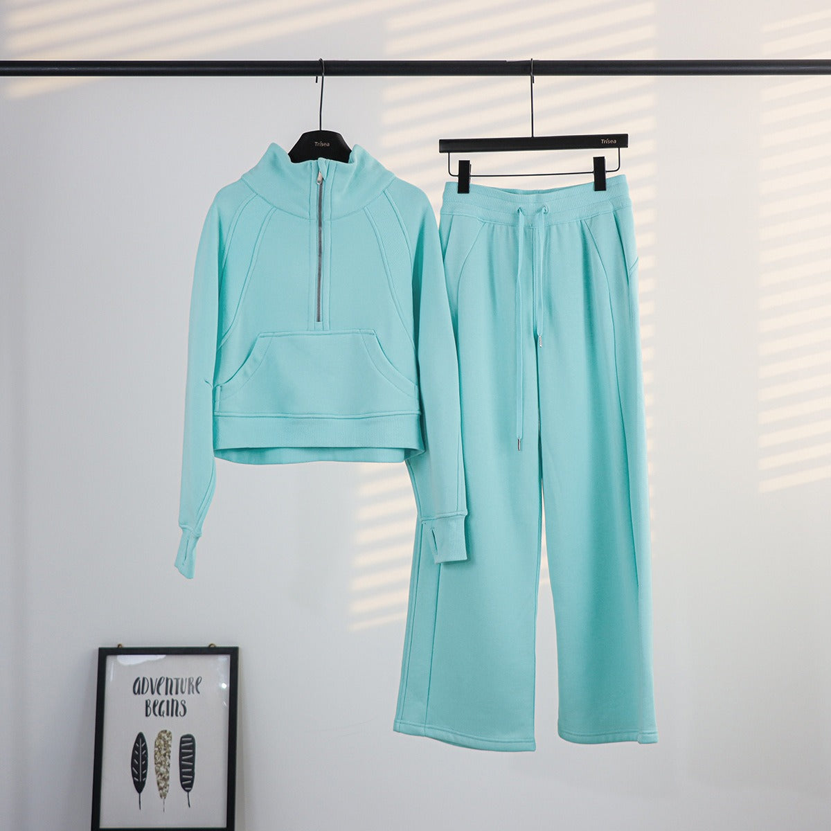 Women's Half-Zip Stand Collar Fleece Tracksuit Set – Oversized Scuba Hoodie & Wide Leg Yoga Pants for Workout & Lounge