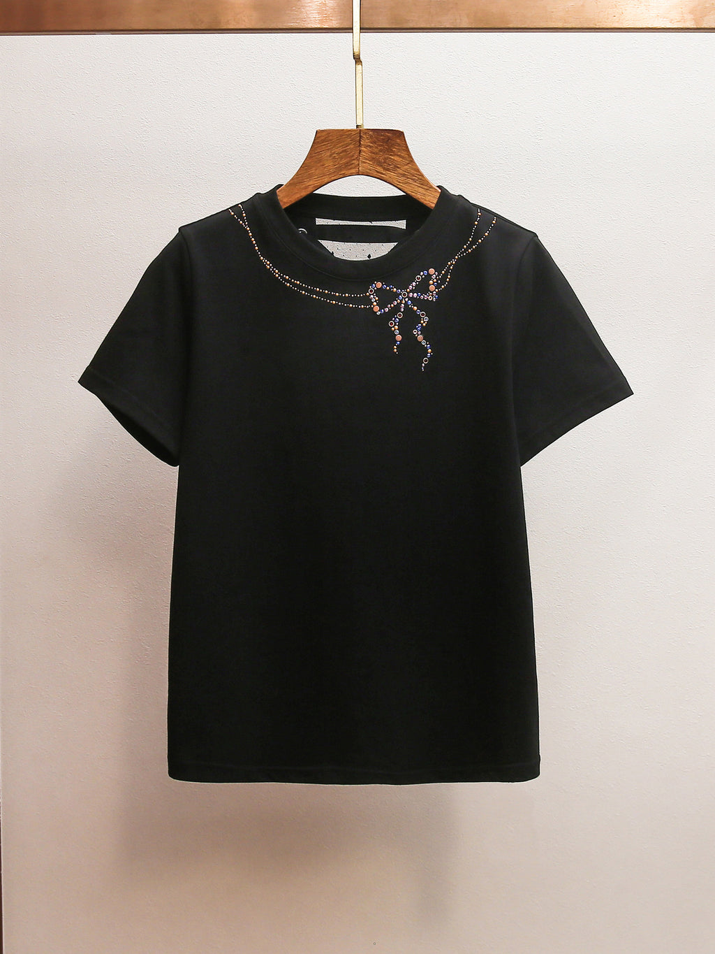 Back Lace-Up Rhinestone Bow T-Shirt | French Style Crew Neck Short Sleeve Top