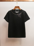 Back Lace-Up Rhinestone Bow T-Shirt | French Style Crew Neck Short Sleeve Top