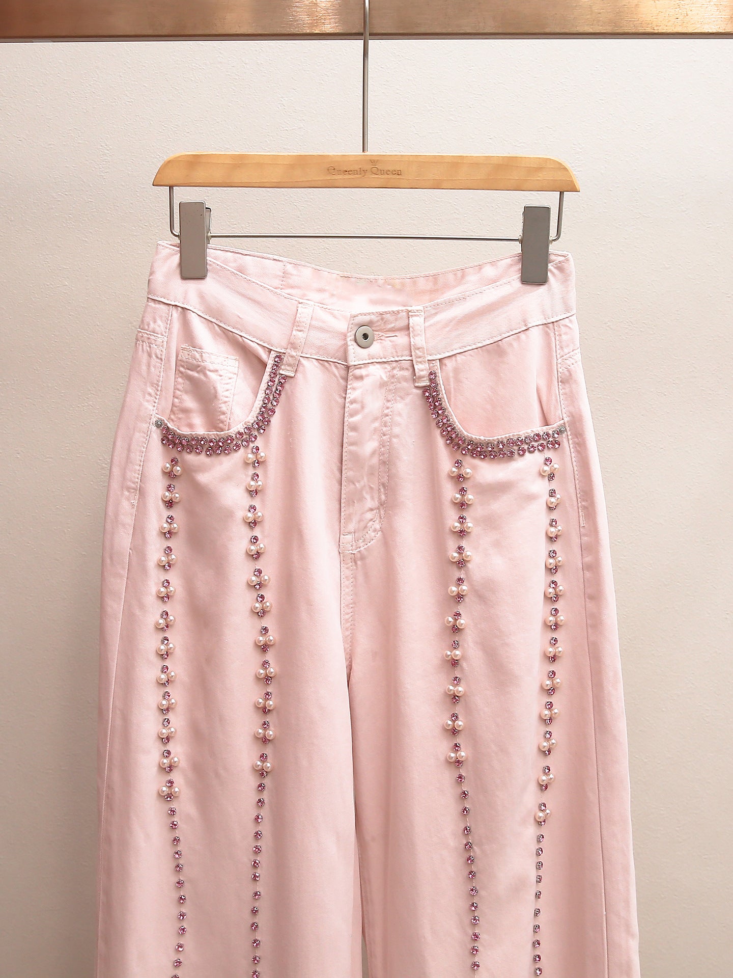 Sweet Pink Beaded & Rhinestone Wide Leg Jeans | American Style High Waist Denim Pants