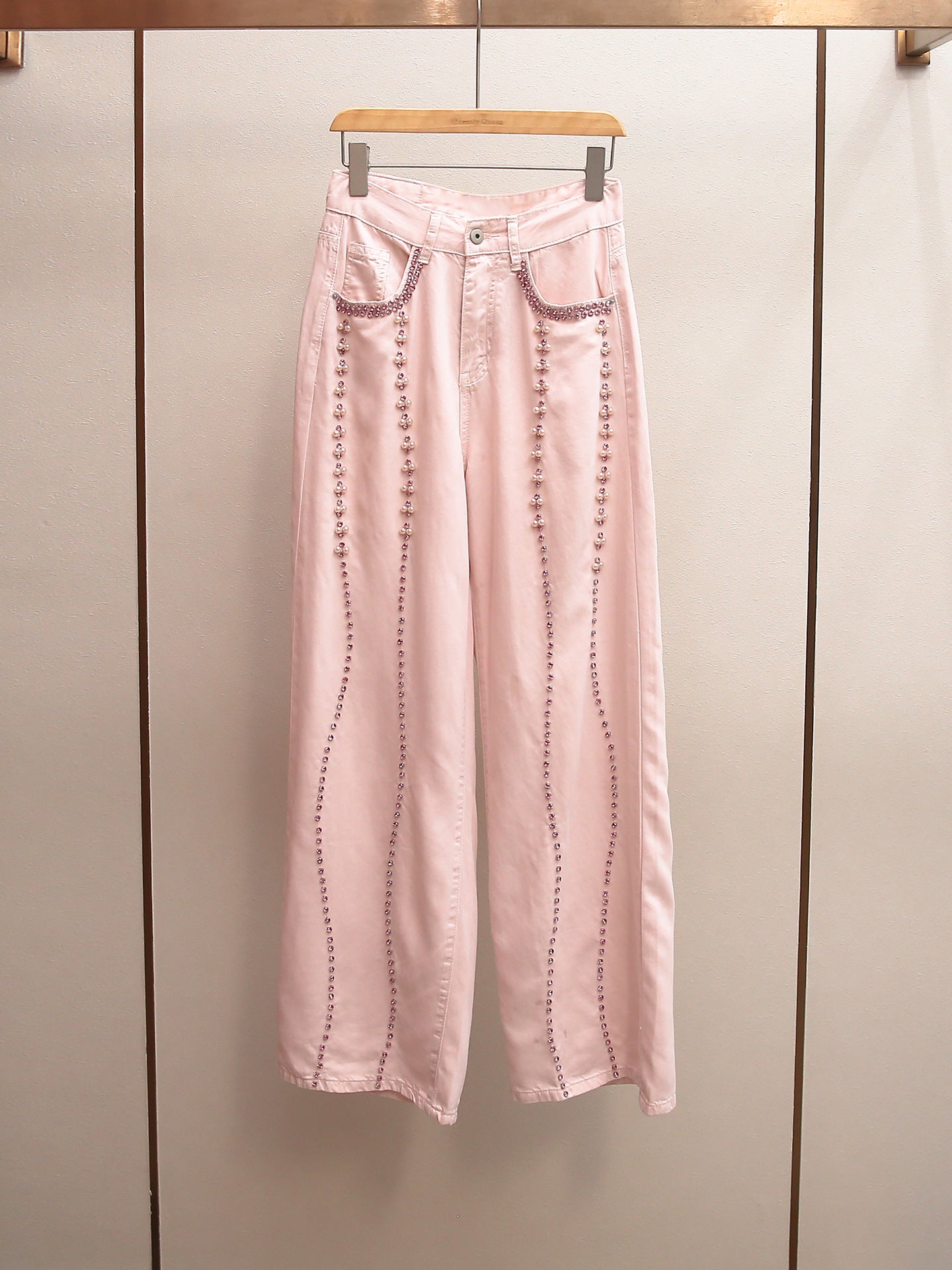 Sweet Pink Beaded & Rhinestone Wide Leg Jeans | American Style High Waist Denim Pants