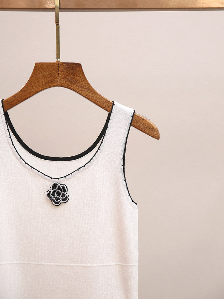 Camellia Embellished Knit Two-Piece Set | French Style Contrast Stitch Tank & Cardigan