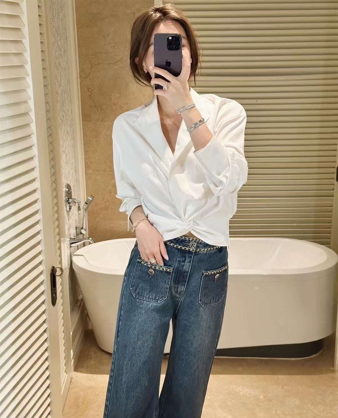 Women's Retro American Style Chain-Trim High-Waist Slimming Straight Wide-Leg Jeans