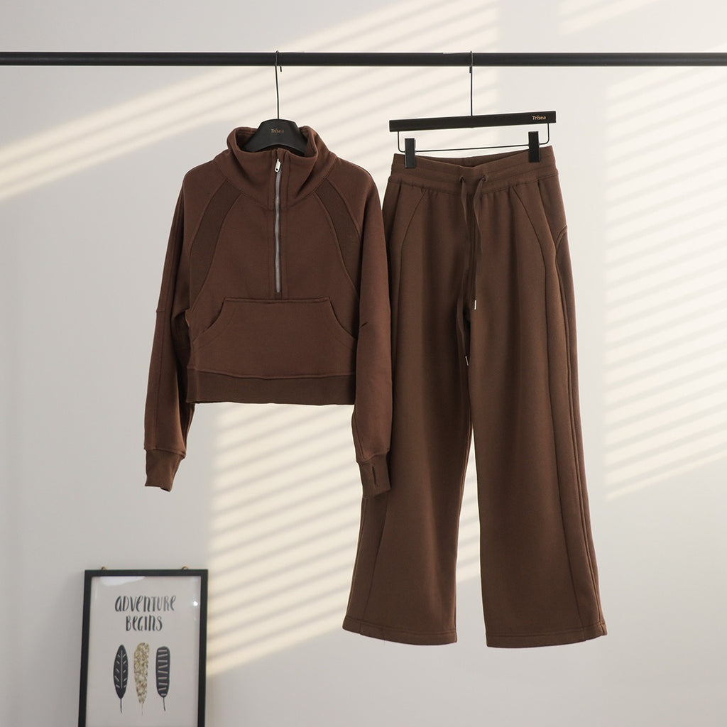 Women's Half-Zip Stand Collar Fleece Tracksuit Set – Oversized Scuba Hoodie & Wide Leg Yoga Pants for Workout & Lounge