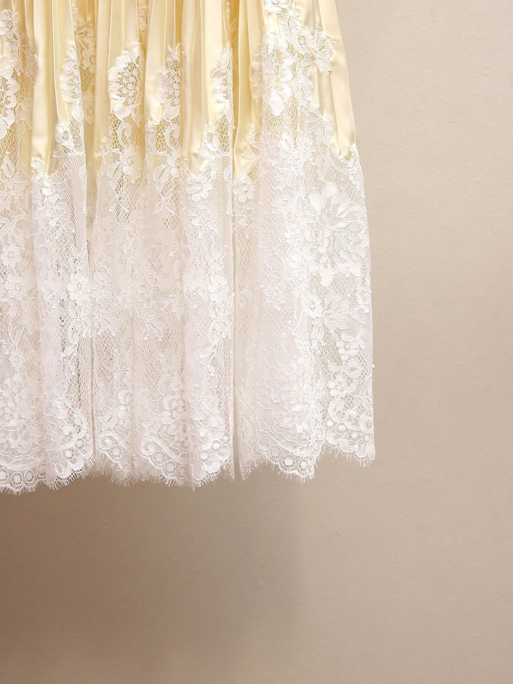 Buttercream Satin Pleated Midi Skirt with Lace Trim