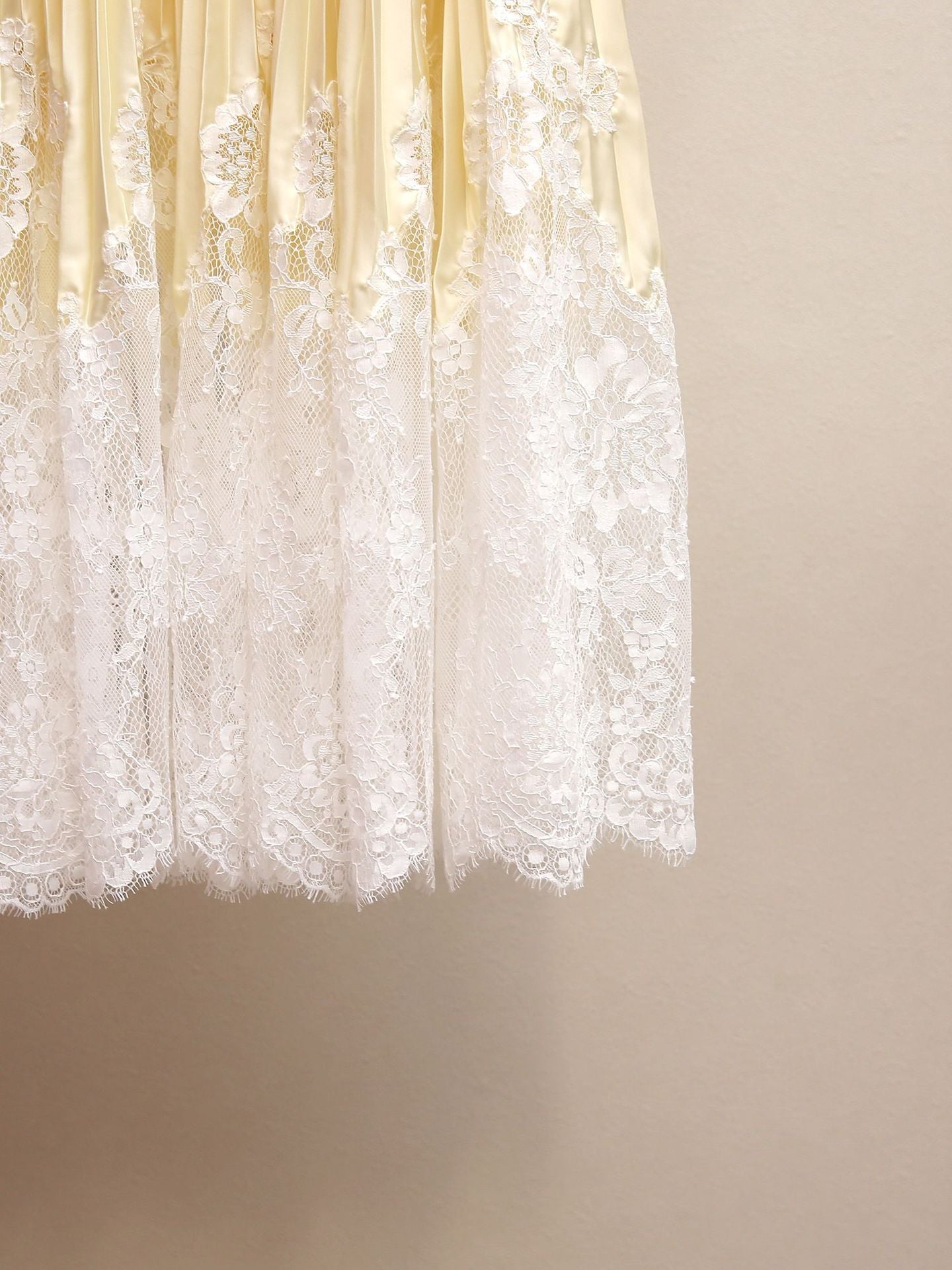 Buttercream Satin Pleated Midi Skirt with Lace Trim