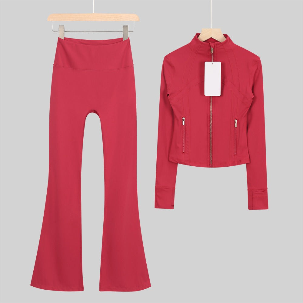 Women's Flared Cropped Stand Collar Yoga Tracksuit | Long Sleeve Zip-Up Jacket & Flare Leg Pants Set for Workout & Lounge