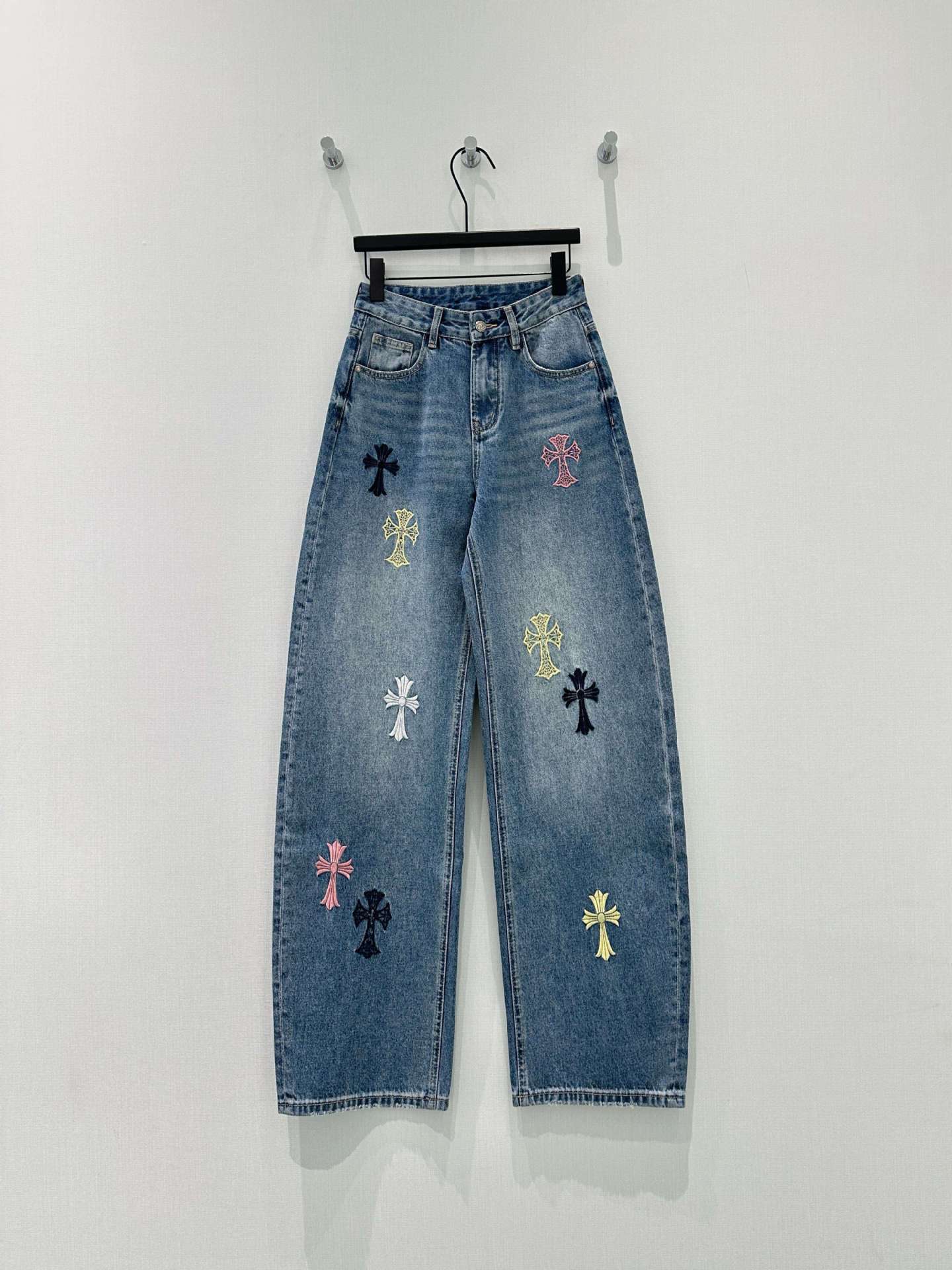 Vintage Cross Embroidery Wide Leg Jeans for Women | High Waist Loose Straight Pants