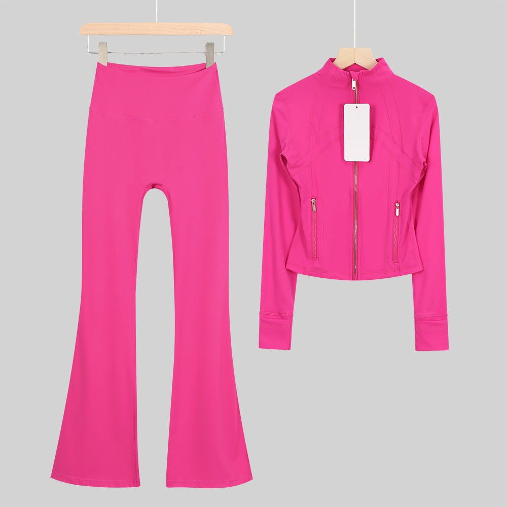 Women's Flared Cropped Stand Collar Yoga Tracksuit | Long Sleeve Zip-Up Jacket & Flare Leg Pants Set for Workout & Lounge