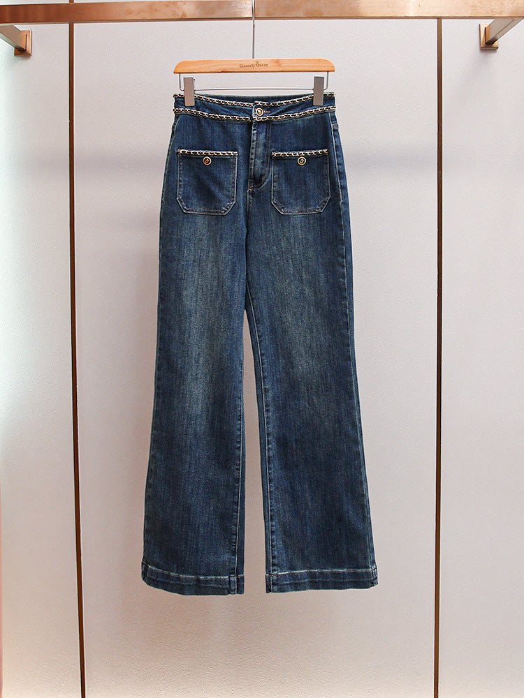 Women's Retro American Style Chain-Trim High-Waist Slimming Straight Wide-Leg Jeans
