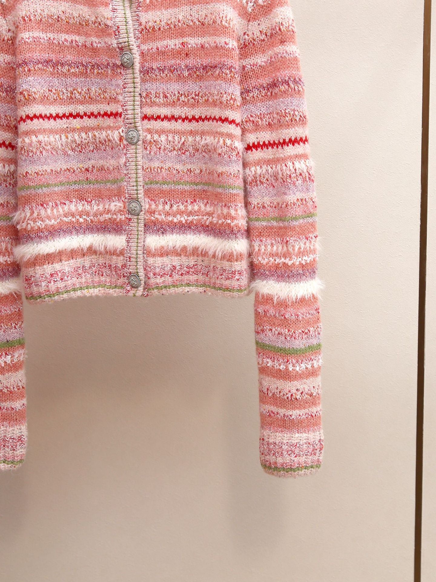 Women's Pastel Striped Knit Cardigan | Fluffy Fur Trim Cropped Knit Sweaters