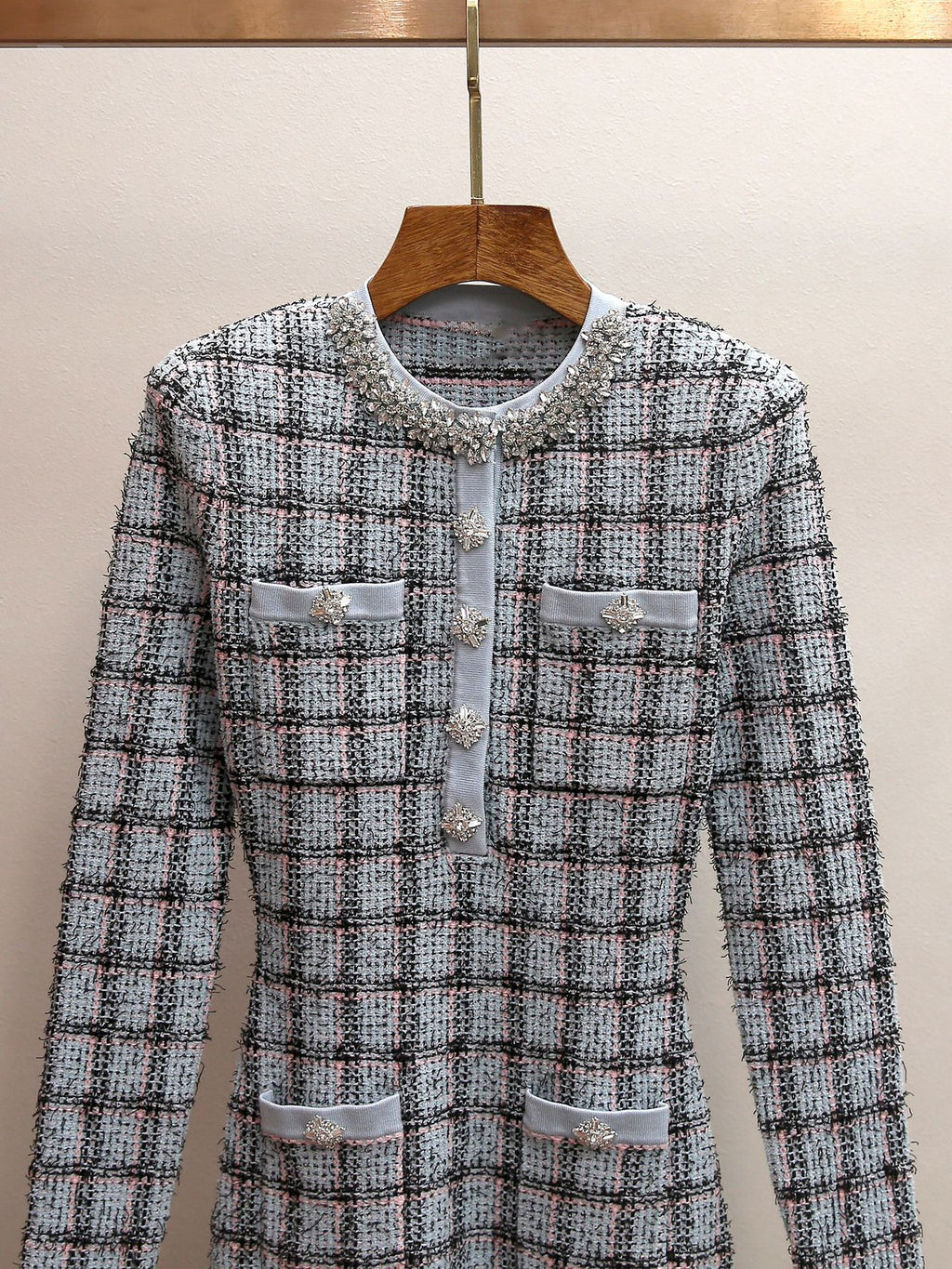 Women's Spring New Celebrity Style Plaid Rhinestone Round Neck Long Sleeve Ruffle Hem Mini Dress