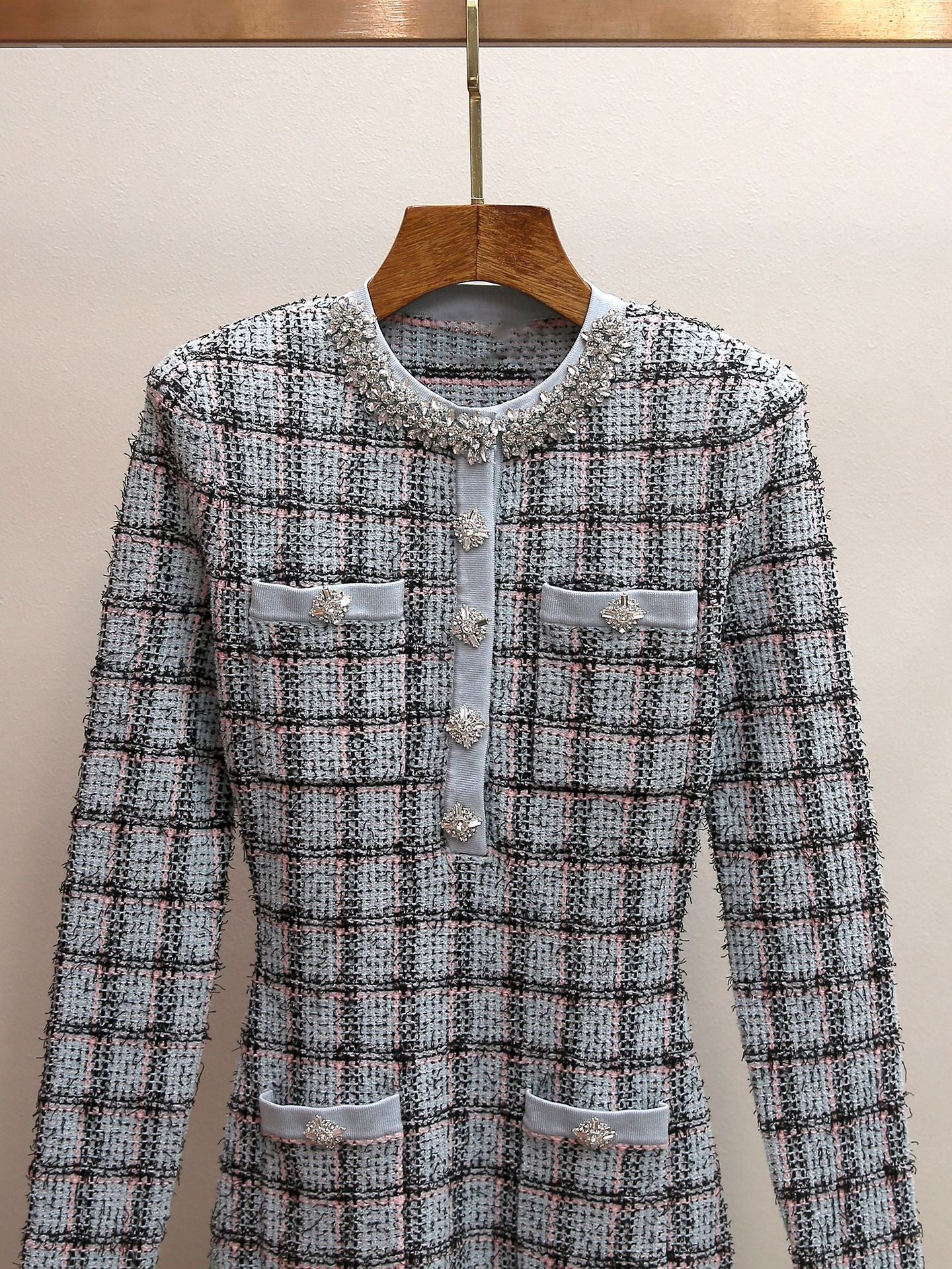 Women's Spring New Celebrity Style Plaid Rhinestone Round Neck Long Sleeve Ruffle Hem Mini Dress