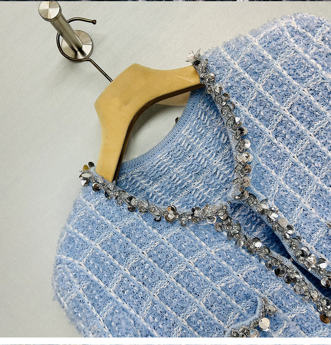 Blue Plaid Tweed 2 Piece Set with Rhinestones | Crop Blazer & Mini Skirt Suit