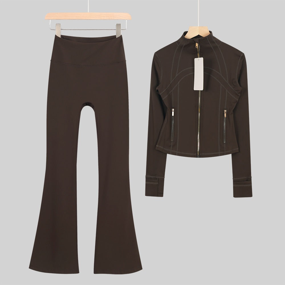 Women's Flared Cropped Stand Collar Yoga Tracksuit | Long Sleeve Zip-Up Jacket & Flare Leg Pants Set for Workout & Lounge