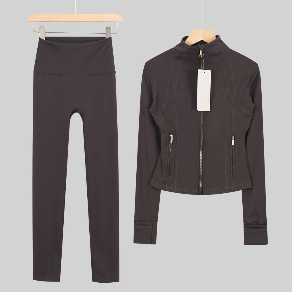 Women's Cropped Stand Collar Yoga Jacket Set | 9/4 Length Slim Fit Workout Tracksuit | Breathable Activewear for Gym & Lounge