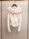New Spring Elegant Lady Style Floral Ruched Waist Off-Shoulder Knit Top for Women