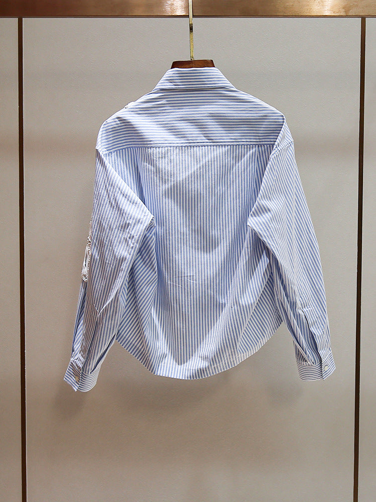 Women's Beaded Hollow Flower Lapel Irregular Striped Button-Down Shirt Top