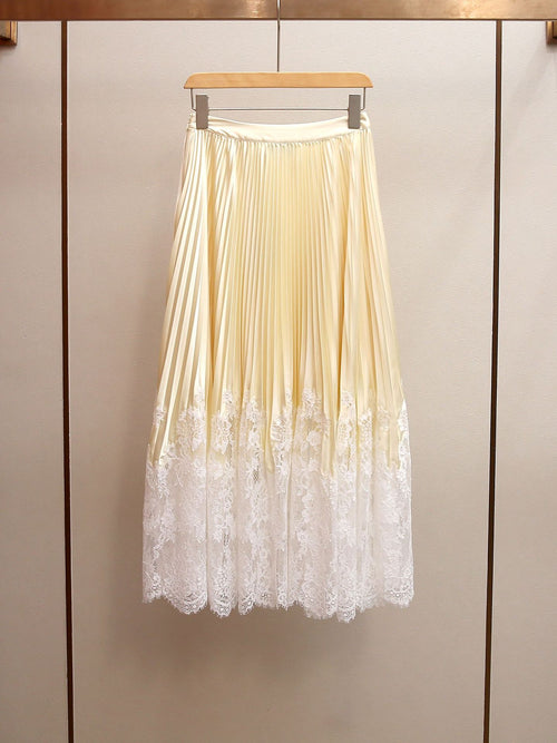 Buttercream Satin Pleated Midi Skirt with Lace Trim
