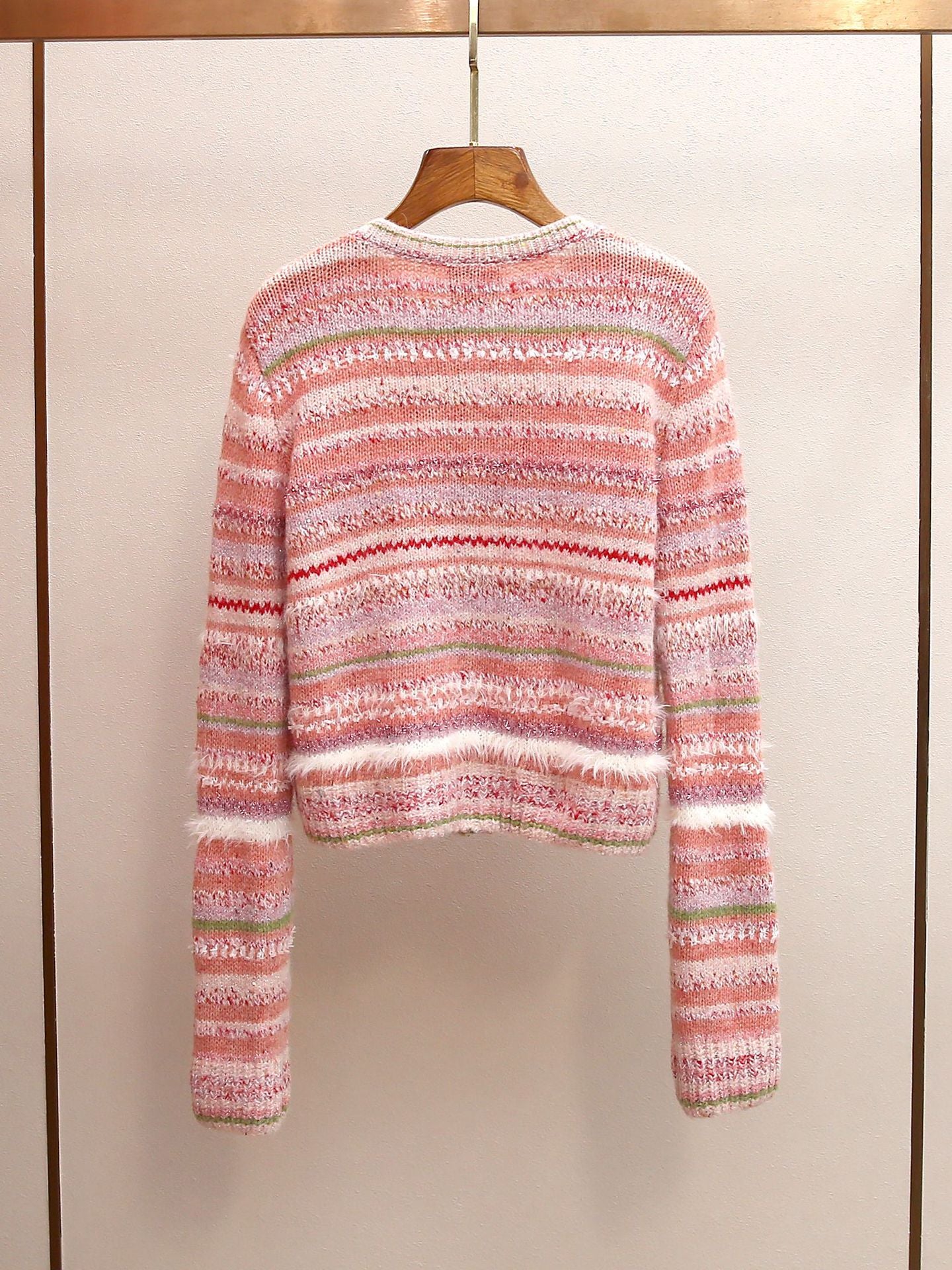 Women's Pastel Striped Knit Cardigan | Fluffy Fur Trim Cropped Knit Sweaters