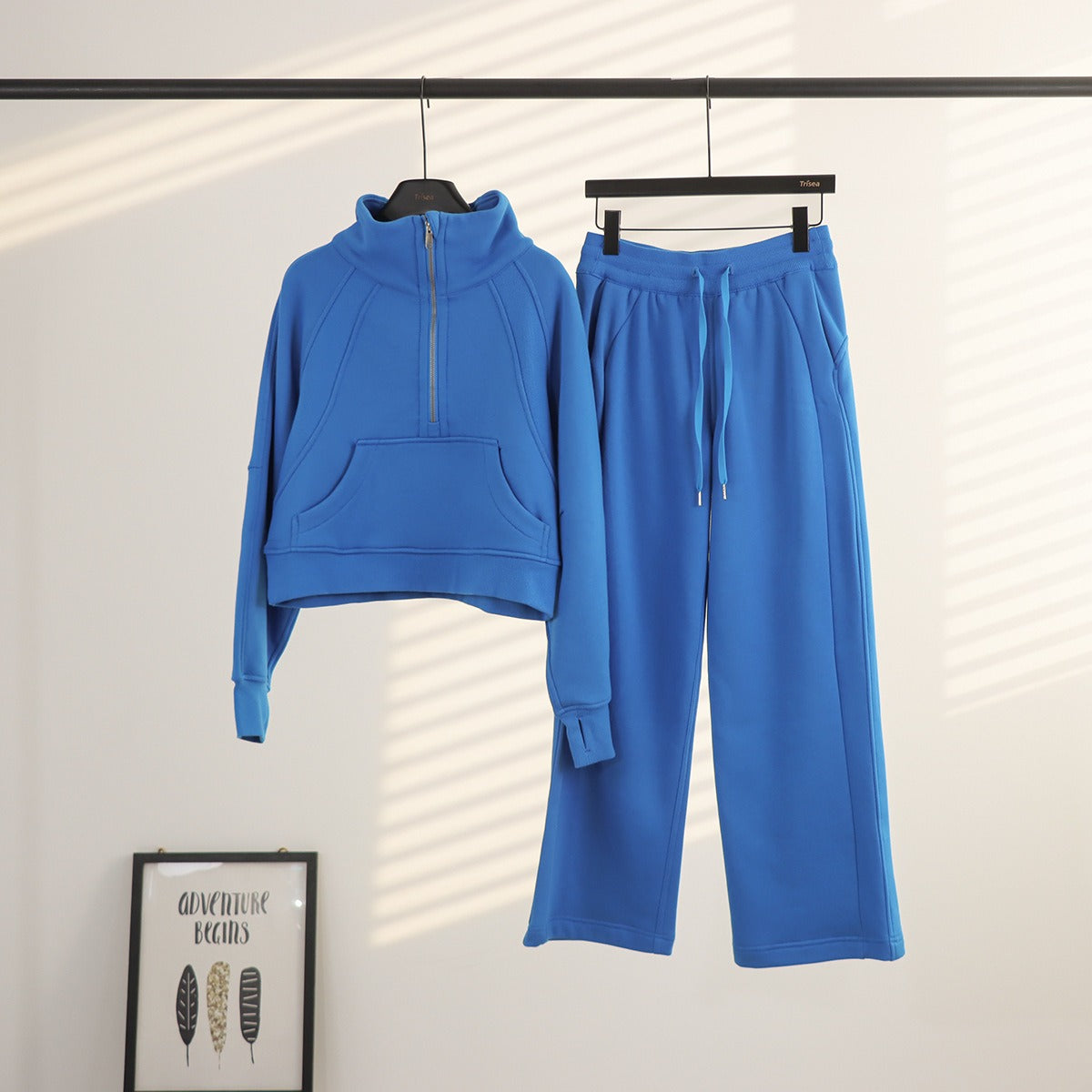 Women's Half-Zip Stand Collar Fleece Tracksuit Set – Oversized Scuba Hoodie & Wide Leg Yoga Pants for Workout & Lounge