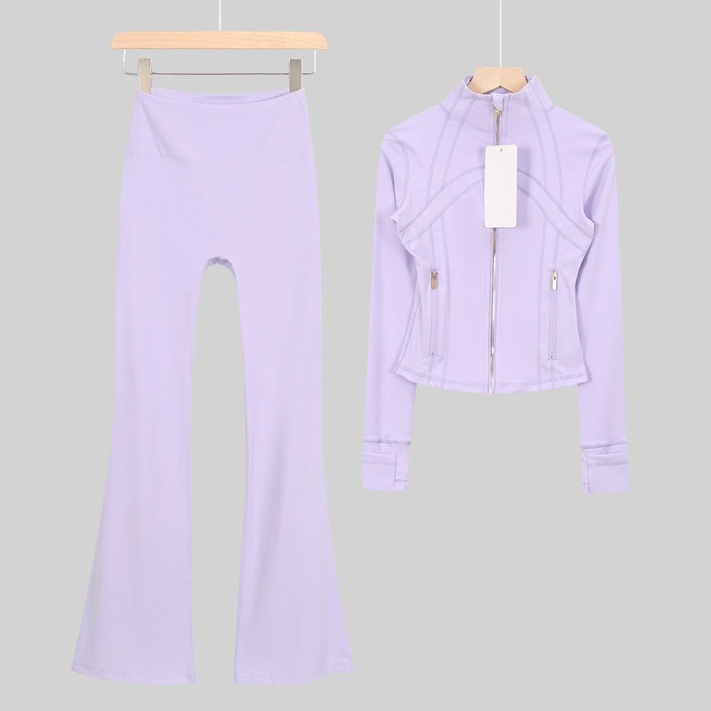 Women's Flared Cropped Stand Collar Yoga Tracksuit | Long Sleeve Zip-Up Jacket & Flare Leg Pants Set for Workout & Lounge