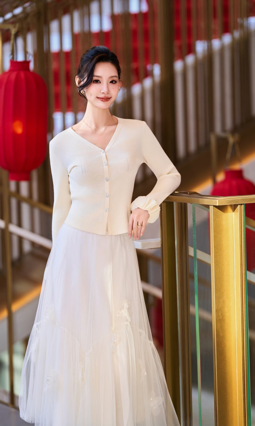 Cream Knit Cardigan & Floral Tulle Skirt Two-Piece Set | Spring Gentle Co-ord