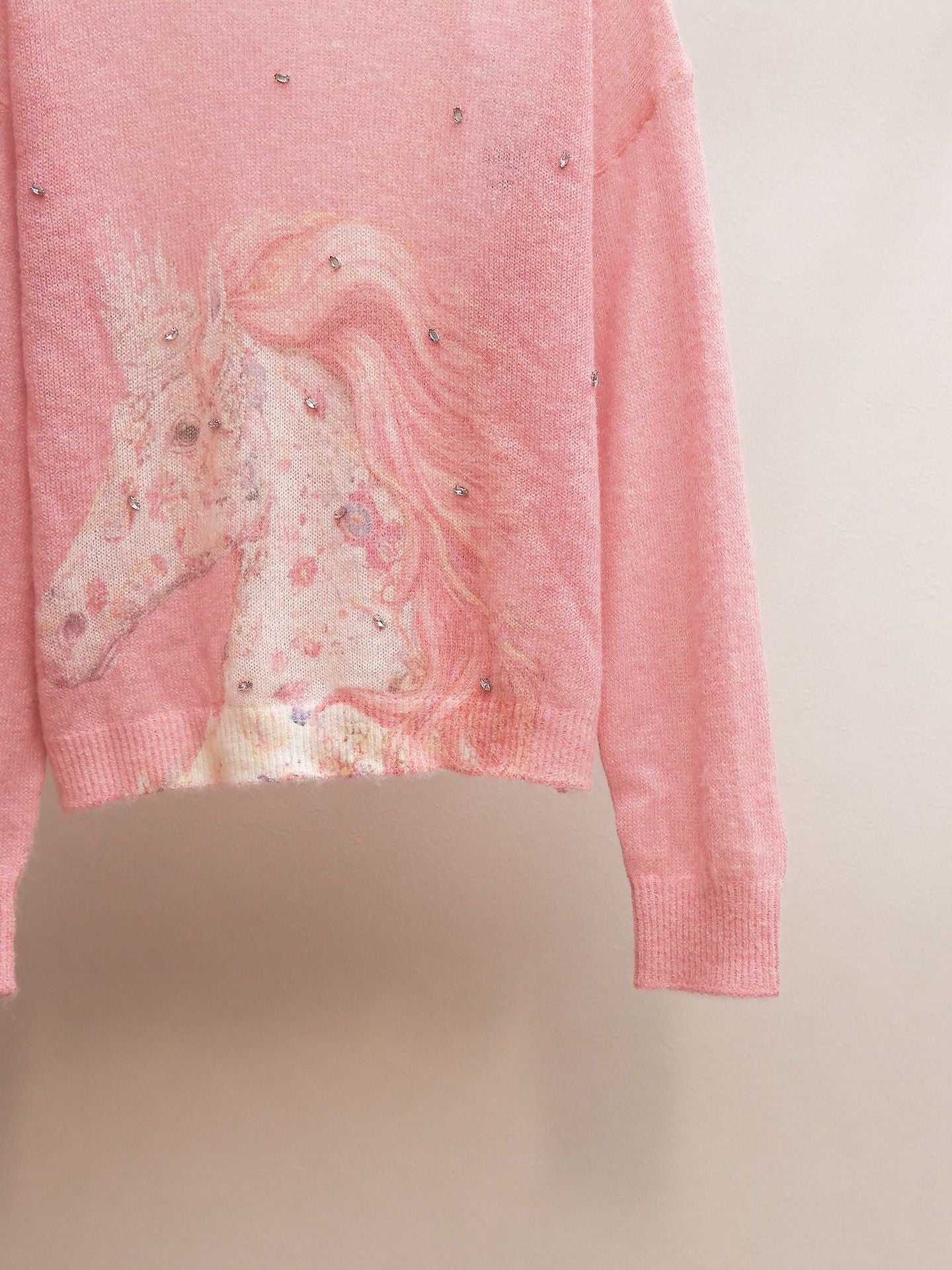 Pink Unicorn Print Rhinestone Sweater | Spring Lazy Style Sheer Knit Top