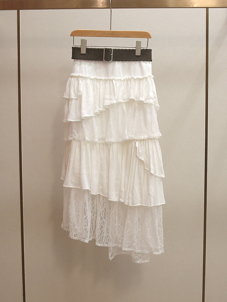 New Spring Elegant Lace Patchwork Irregular Slimming Long Cake Midi Skirt for Women