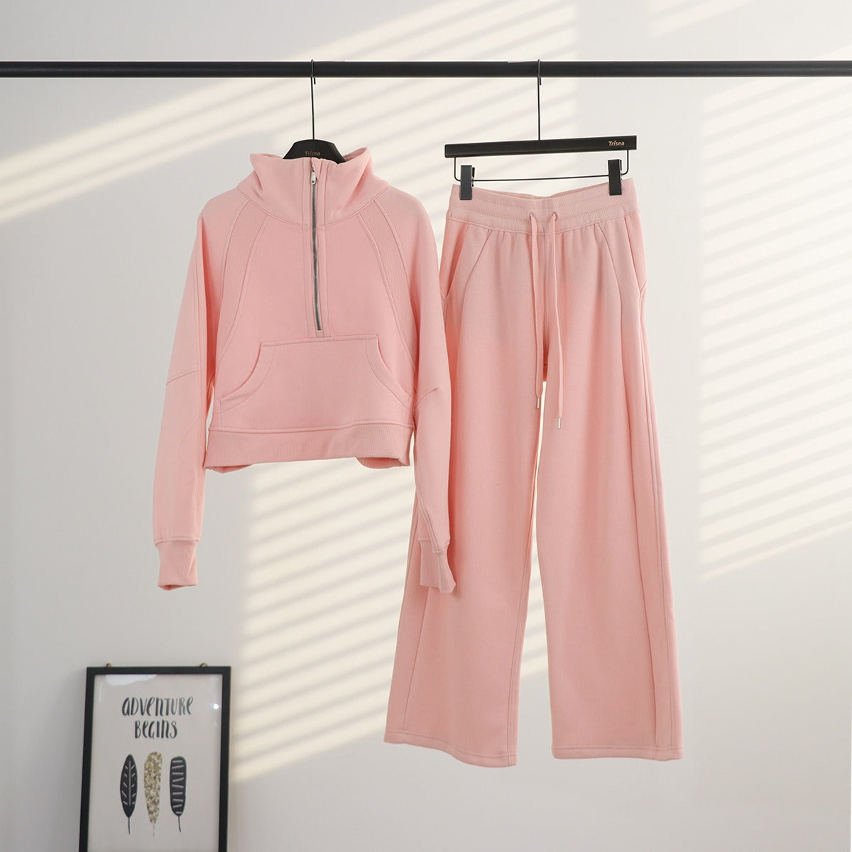 Women's Half-Zip Stand Collar Fleece Tracksuit Set – Oversized Scuba Hoodie & Wide Leg Yoga Pants for Workout & Lounge