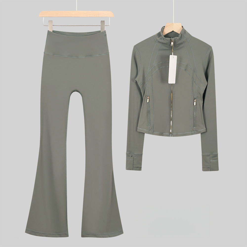 Women's Flared Cropped Stand Collar Yoga Tracksuit | Long Sleeve Zip-Up Jacket & Flare Leg Pants Set for Workout & Lounge