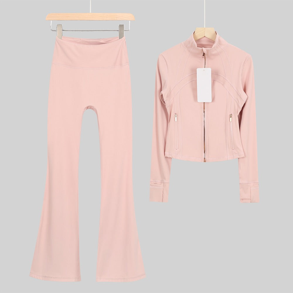 Women's Flared Cropped Stand Collar Yoga Tracksuit | Long Sleeve Zip-Up Jacket & Flare Leg Pants Set for Workout & Lounge